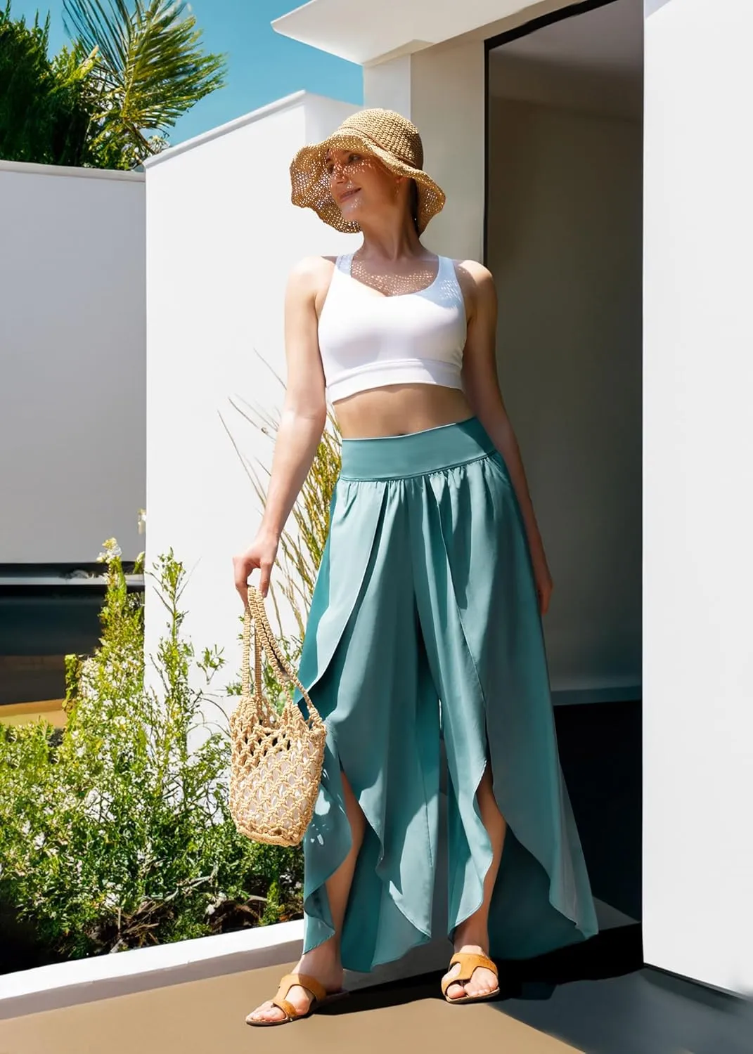 IUGA Flowy Pants for Women Wide Leg High Waisted Palazzo Boho Beach Harem Pants for Casual Dance Summer