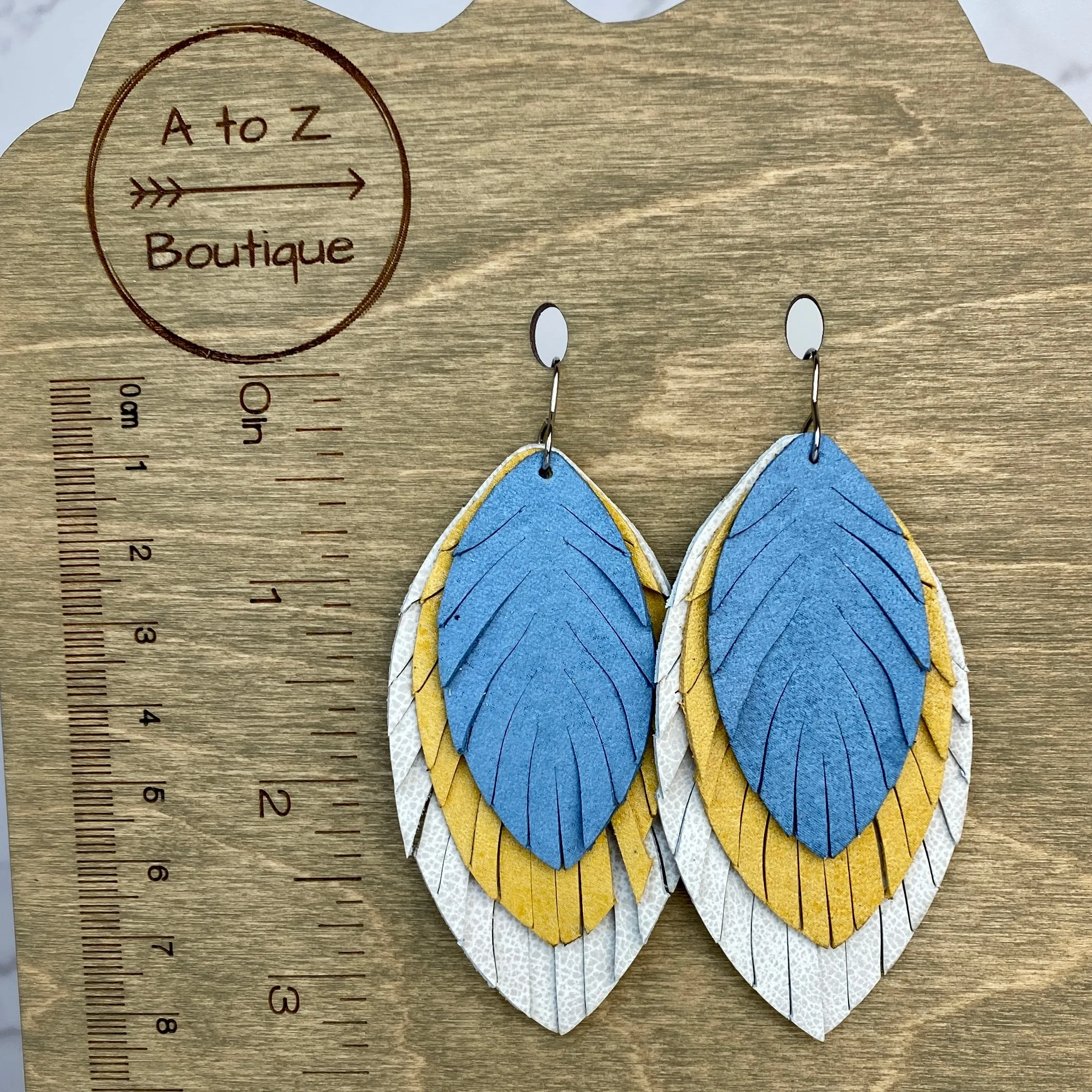 Ivory Mustard and Blue Large Leather Feather Earrings