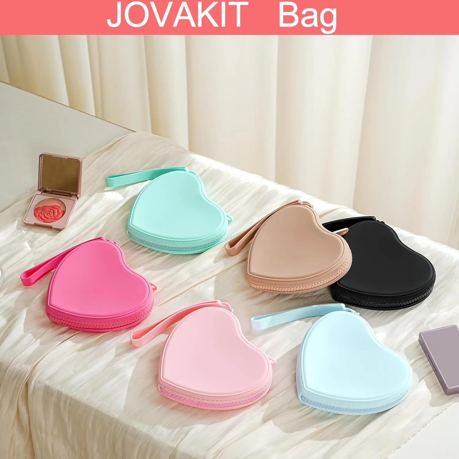 JOVAKIT Small Heart Shaped Portable Silicone Makeup Bag for Women, Travel Waterproof Cosmetic Bag Gifts for Women Girls, Zipper Closure Makeup Case with Handle (Blue)