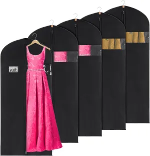 KEEGH 60'' Dress Bags for Gowns Long (Set of 5), Garment Bags for Hanging Clothes, Dress Bags for Closet Storage, Clothes Cover for Hanging Coats Dresses with Clear Window and Label Pocket, Black