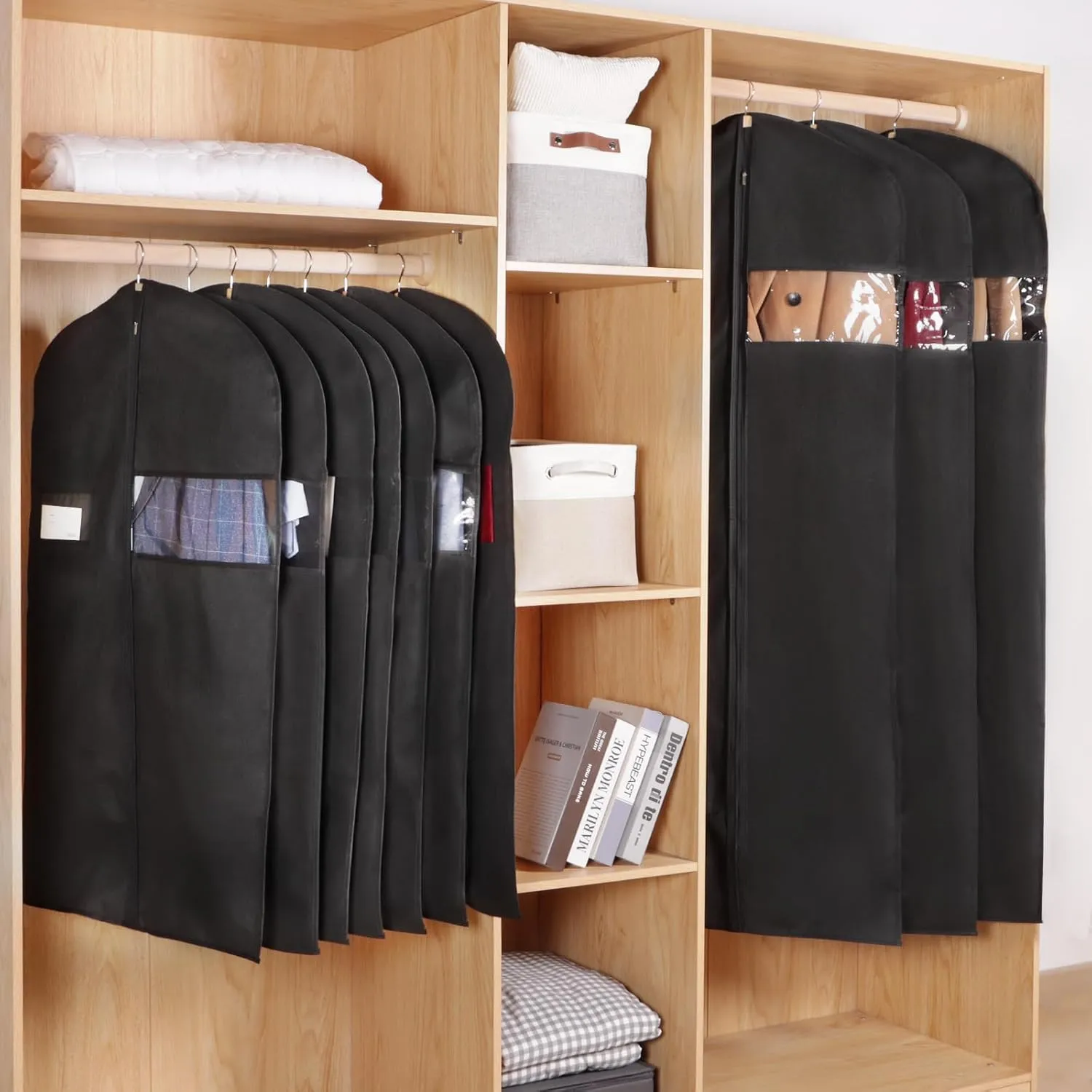 KEEGH 60'' Dress Bags for Gowns Long (Set of 5), Garment Bags for Hanging Clothes, Dress Bags for Closet Storage, Clothes Cover for Hanging Coats Dresses with Clear Window and Label Pocket, Black
