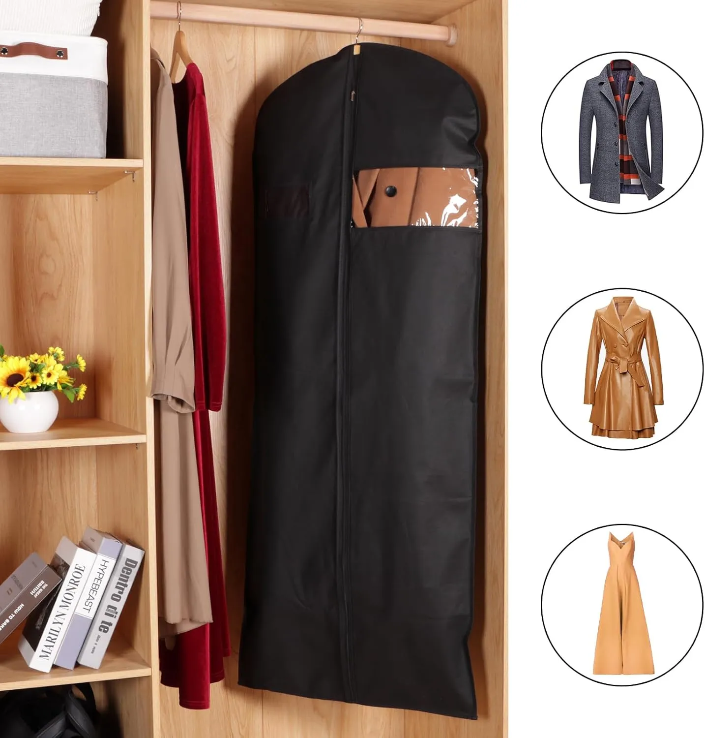 KEEGH 60'' Dress Bags for Gowns Long (Set of 5), Garment Bags for Hanging Clothes, Dress Bags for Closet Storage, Clothes Cover for Hanging Coats Dresses with Clear Window and Label Pocket, Black