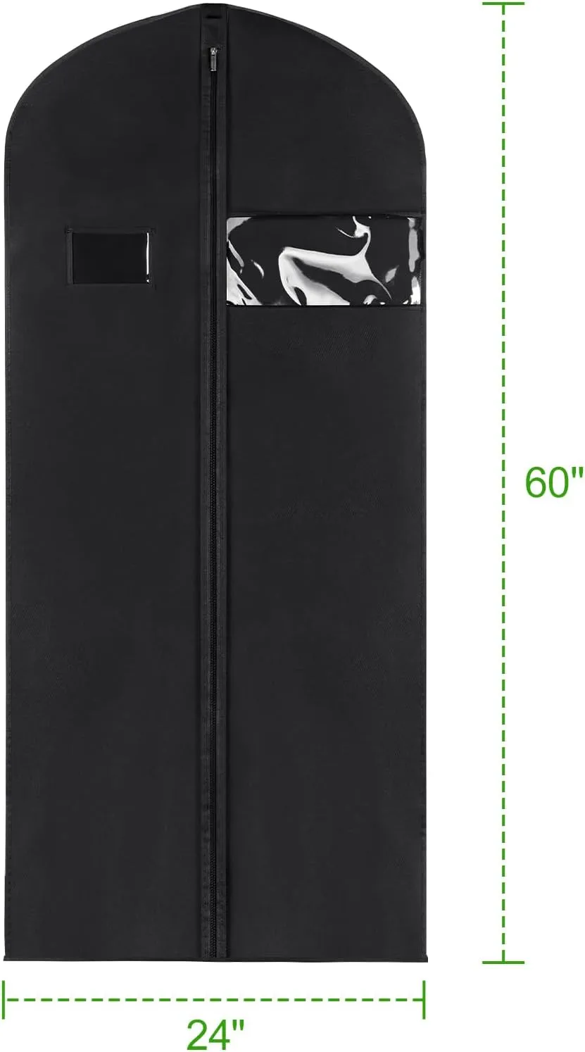 KEEGH 60'' Dress Bags for Gowns Long (Set of 5), Garment Bags for Hanging Clothes, Dress Bags for Closet Storage, Clothes Cover for Hanging Coats Dresses with Clear Window and Label Pocket, Black