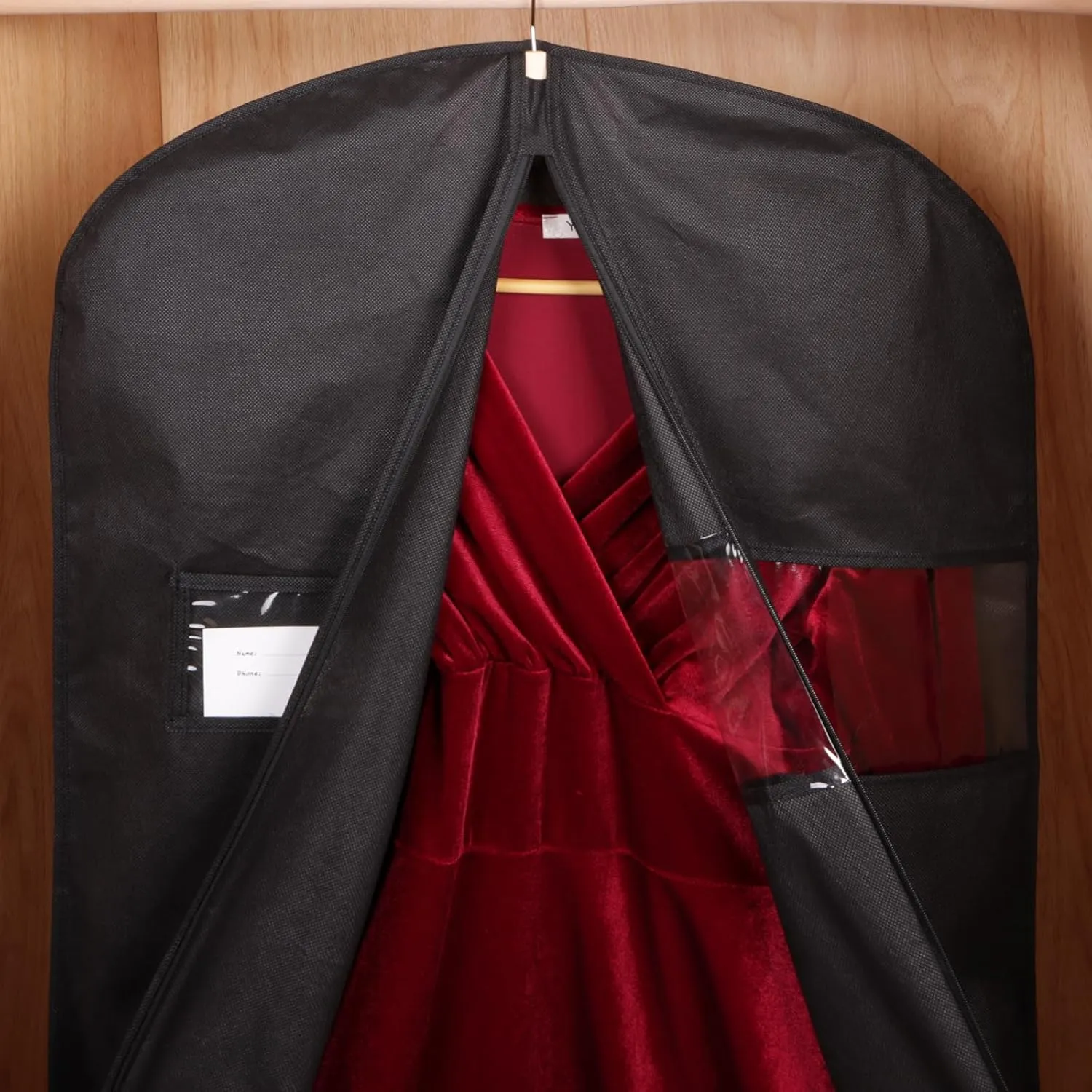 KEEGH 60'' Dress Bags for Gowns Long (Set of 5), Garment Bags for Hanging Clothes, Dress Bags for Closet Storage, Clothes Cover for Hanging Coats Dresses with Clear Window and Label Pocket, Black