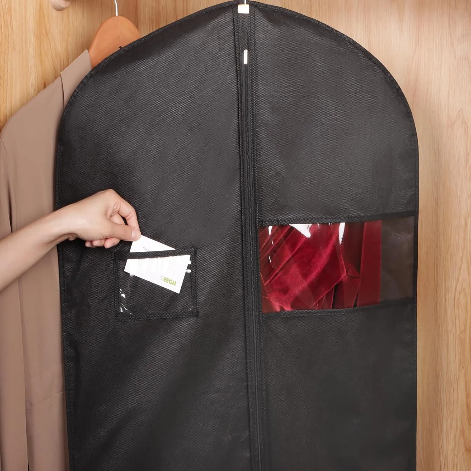 KEEGH 60'' Dress Bags for Gowns Long (Set of 5), Garment Bags for Hanging Clothes, Dress Bags for Closet Storage, Clothes Cover for Hanging Coats Dresses with Clear Window and Label Pocket, Black