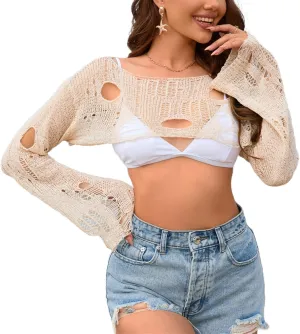 KEOMUD Women Crochet Y2K Crop Top Long Sleeve Hollow Out Cropped Knit Sweater Bikini Beach See Through Cover Ups