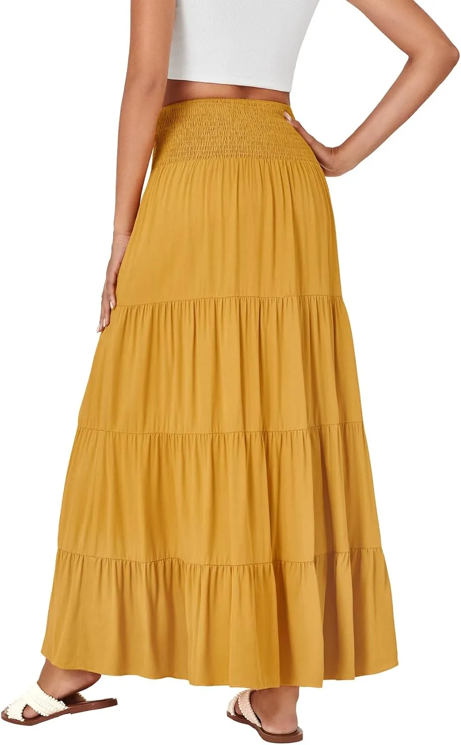 KIFOVEN Womens Maxi Skirt Summer Elastic High Waist A-Line Long Skirt Flowy Tiered Ruffle Casual Boho Midi Skirt