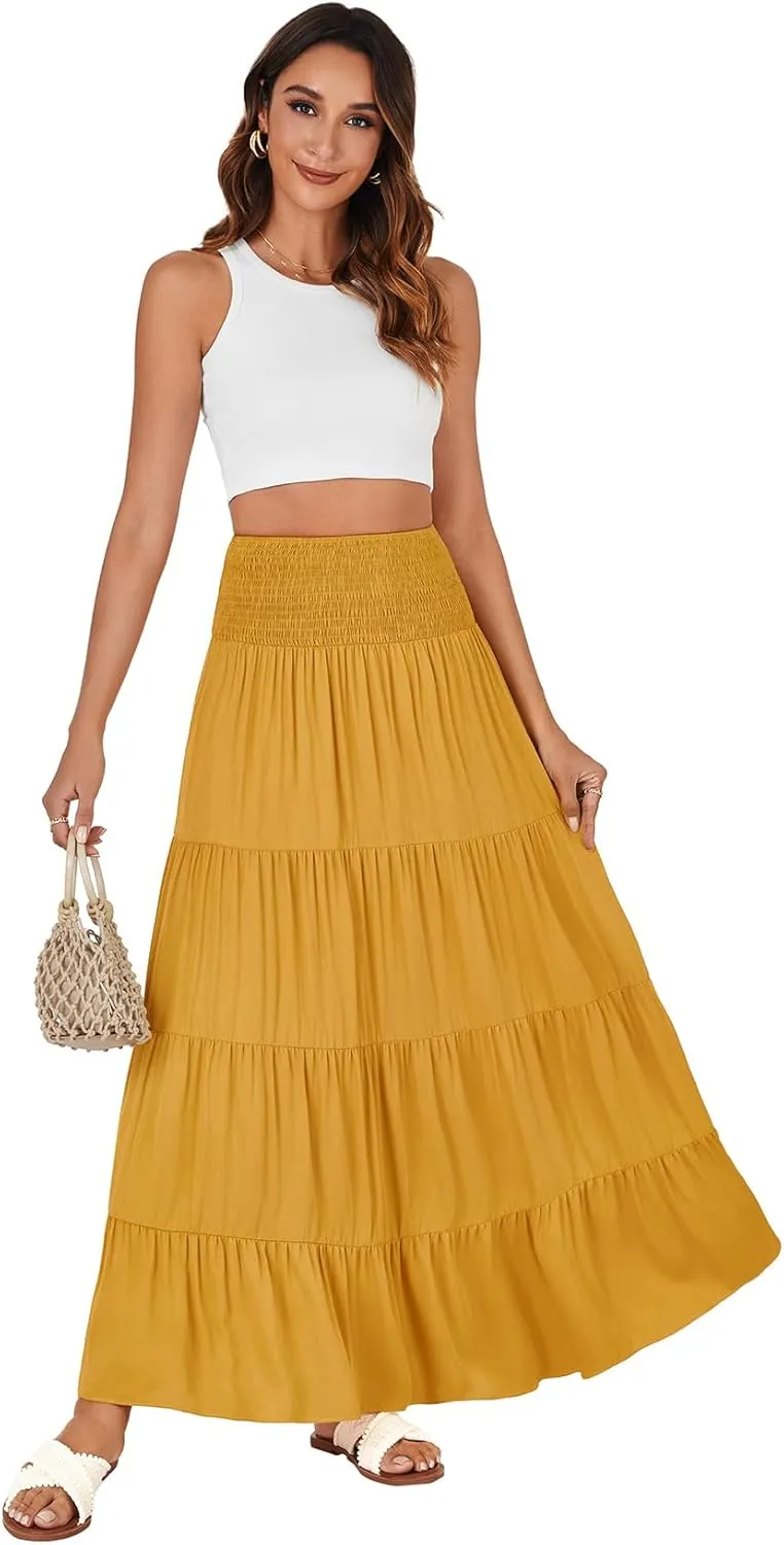 KIFOVEN Womens Maxi Skirt Summer Elastic High Waist A-Line Long Skirt Flowy Tiered Ruffle Casual Boho Midi Skirt