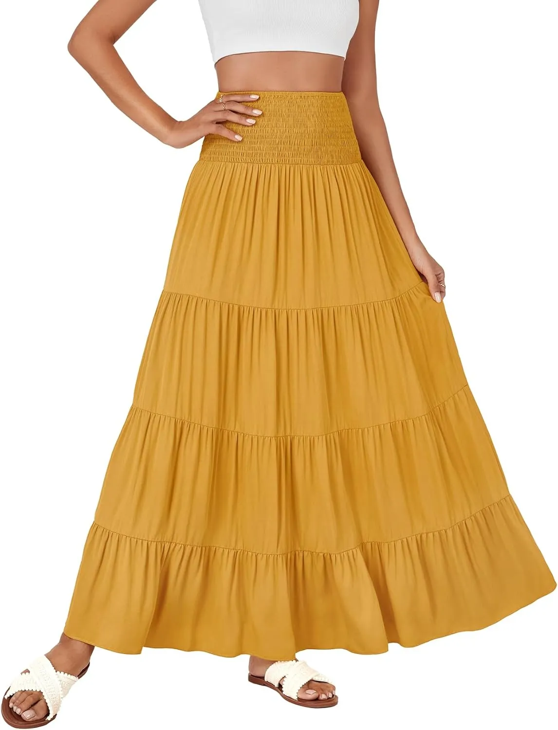 KIFOVEN Womens Maxi Skirt Summer Elastic High Waist A-Line Long Skirt Flowy Tiered Ruffle Casual Boho Midi Skirt