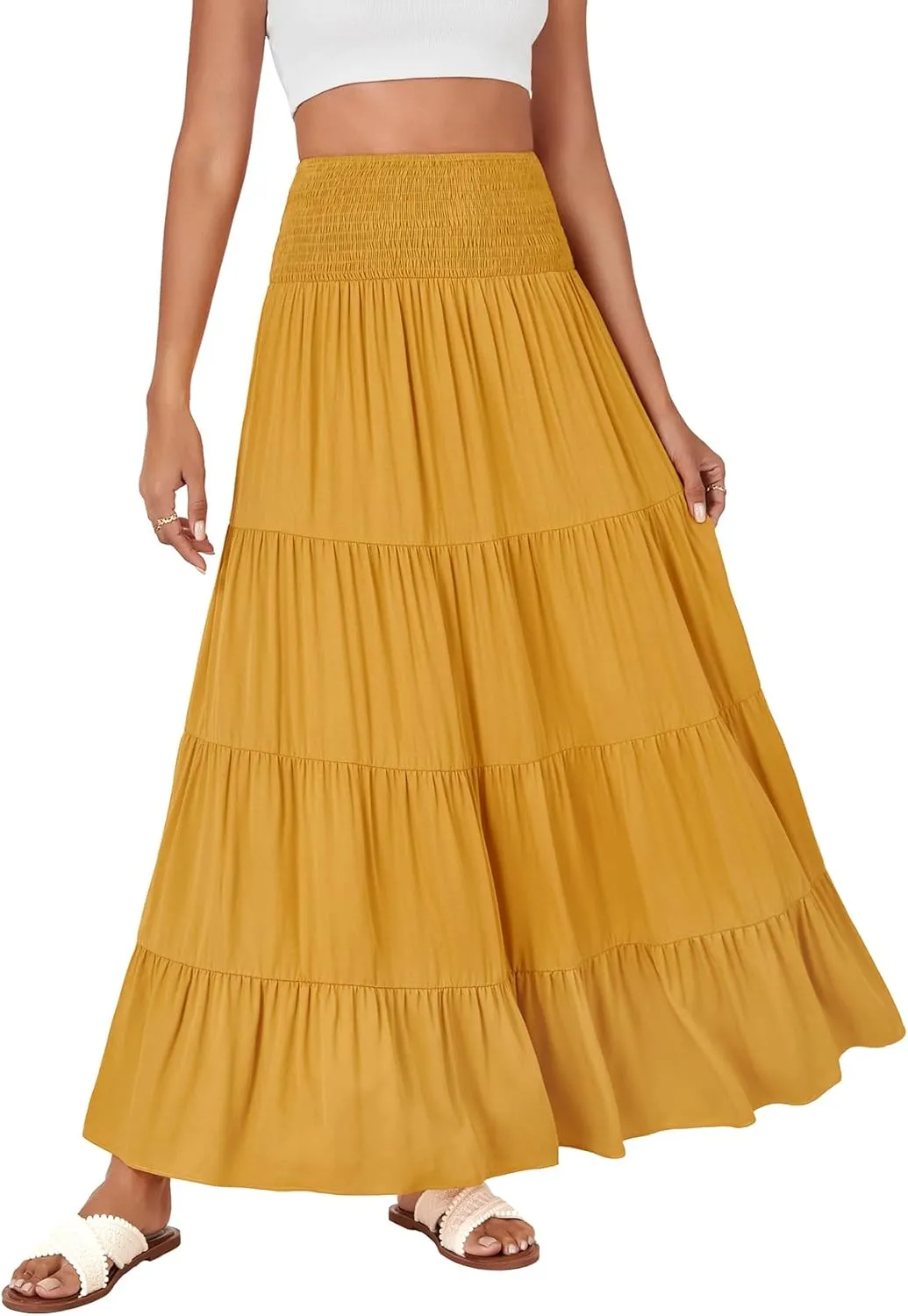 KIFOVEN Womens Maxi Skirt Summer Elastic High Waist A-Line Long Skirt Flowy Tiered Ruffle Casual Boho Midi Skirt