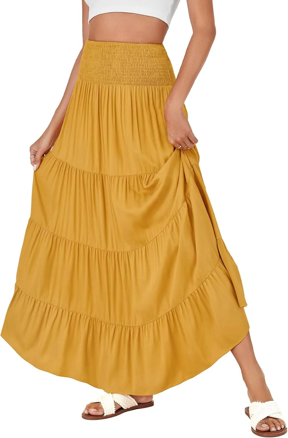 KIFOVEN Womens Maxi Skirt Summer Elastic High Waist A-Line Long Skirt Flowy Tiered Ruffle Casual Boho Midi Skirt
