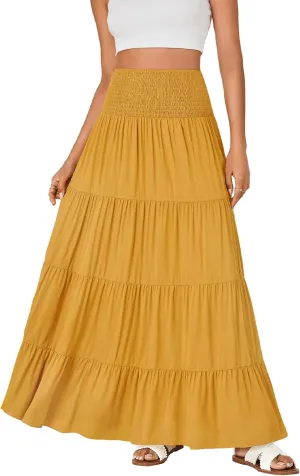 KIFOVEN Womens Maxi Skirt Summer Elastic High Waist A-Line Long Skirt Flowy Tiered Ruffle Casual Boho Midi Skirt