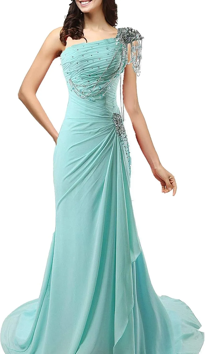 Kivary Women's Beaded One Shoulder Crystals Chiffon Long Corset Prom Evening Dresses