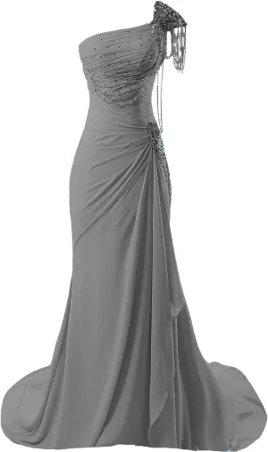 Kivary Women's Beaded One Shoulder Crystals Chiffon Long Corset Prom Evening Dresses