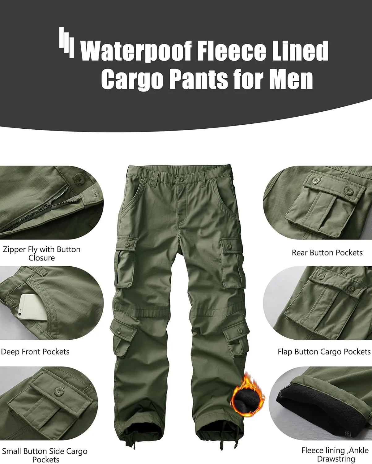 KOCTHOMY Mens Fleece Lined Hiking Pants,Winter Outdoor Thermal Casual Work Cargo Pants with Multi Pockets, No Belt.