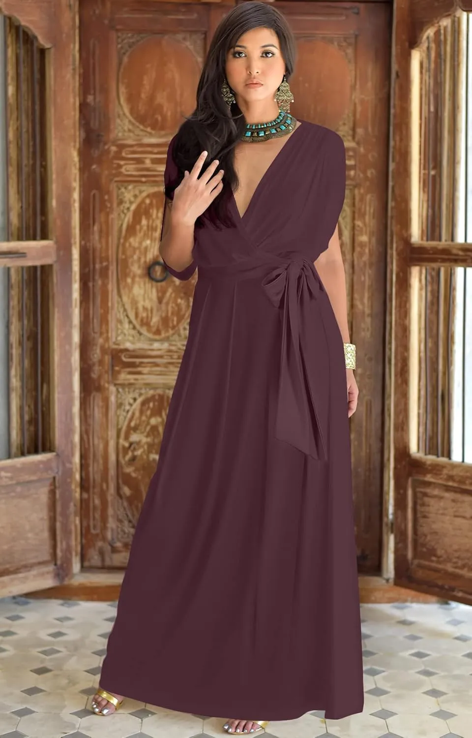 KOH KOH Womens Long Semi-Formal Short Sleeve V-Neck Floor Length Maxi Dress Gown