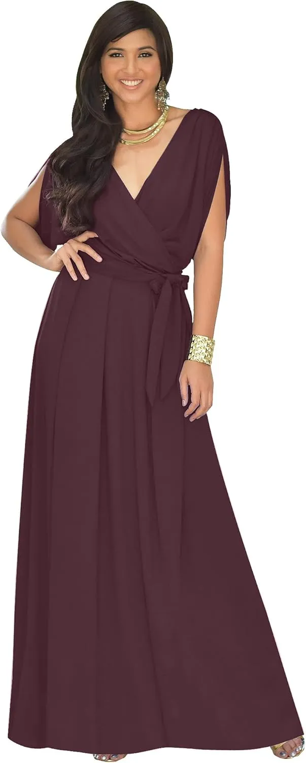 KOH KOH Womens Long Semi-Formal Short Sleeve V-Neck Floor Length Maxi Dress Gown