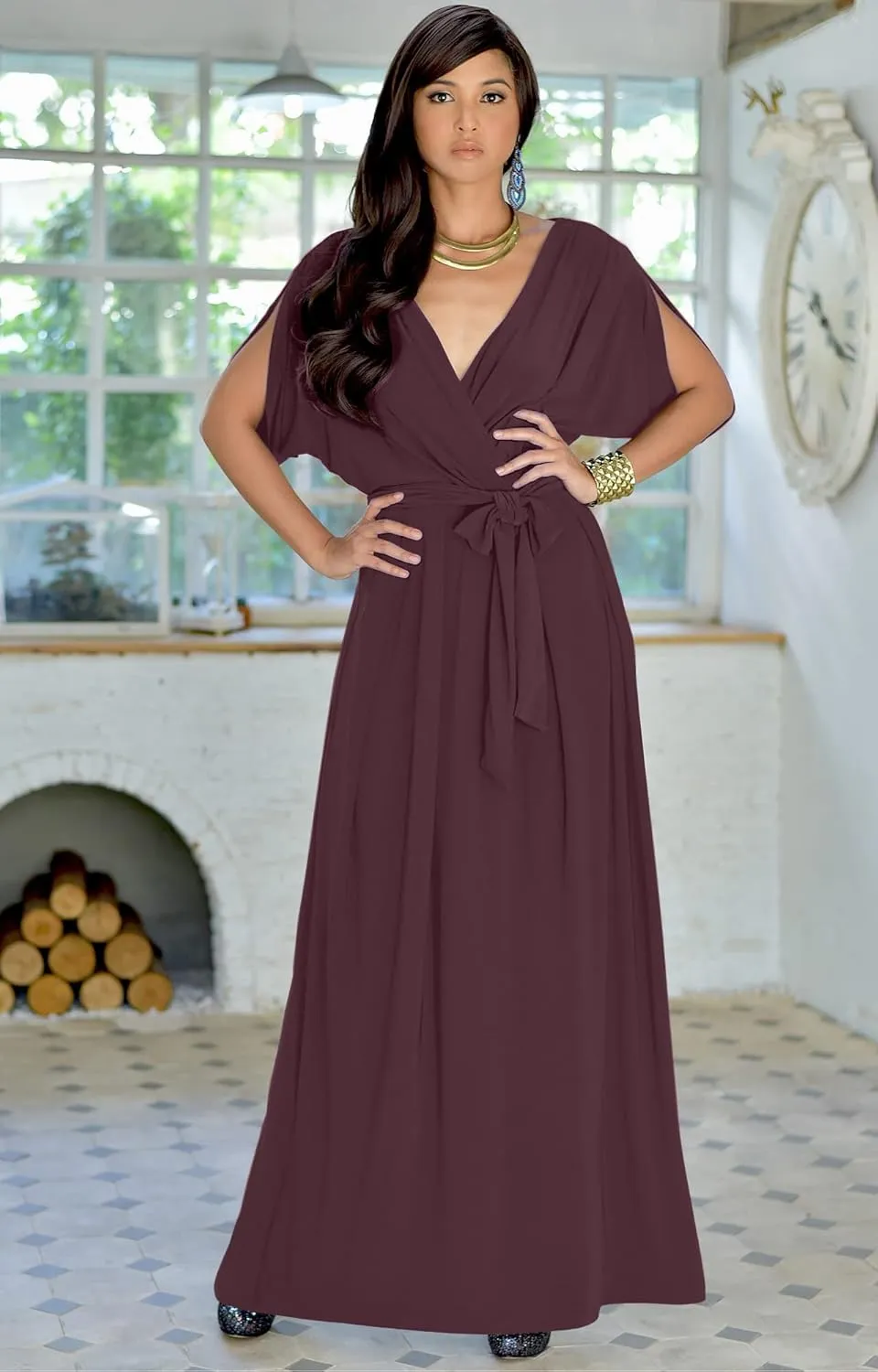KOH KOH Womens Long Semi-Formal Short Sleeve V-Neck Floor Length Maxi Dress Gown