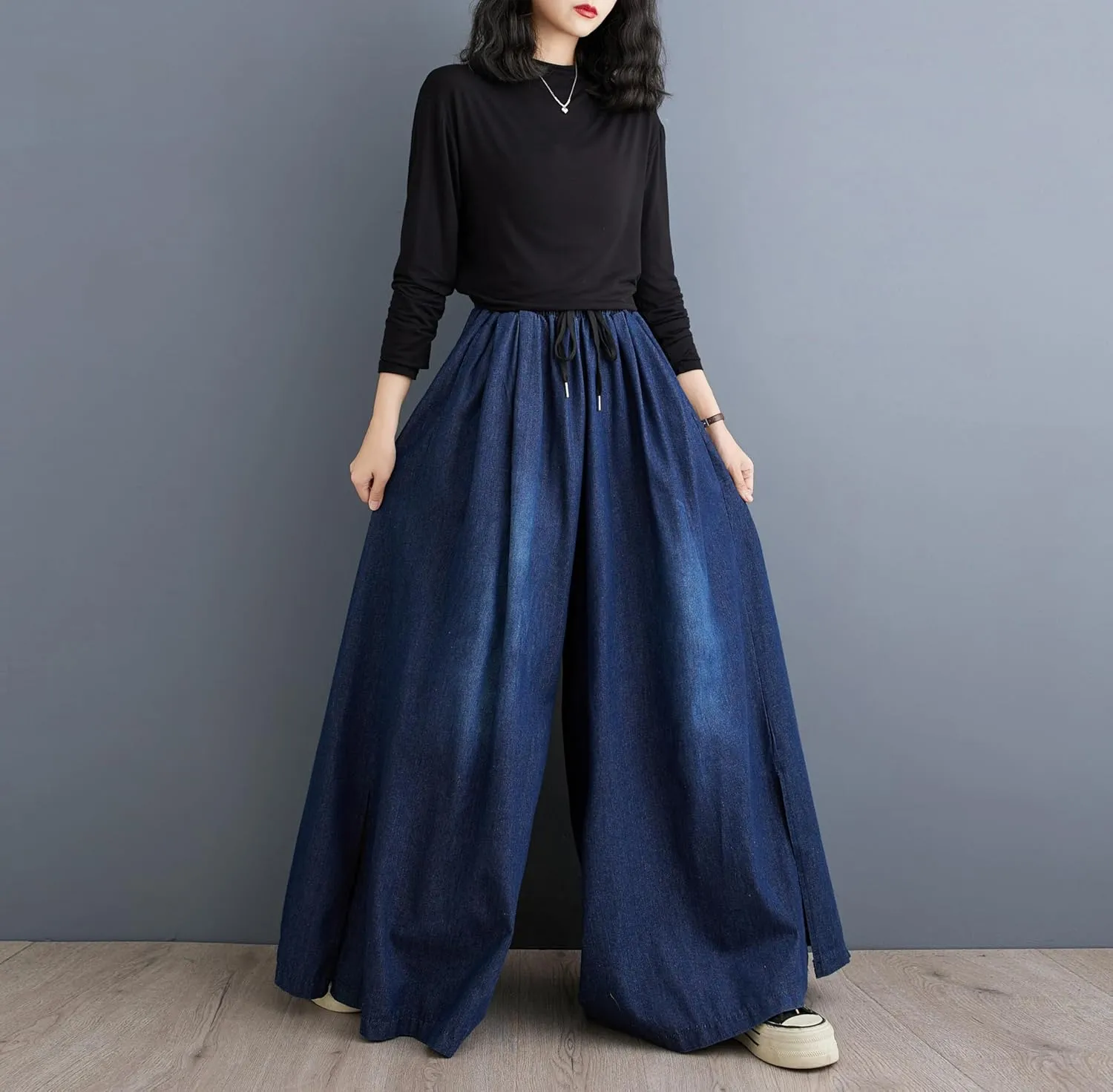 LAI MENG FIVE CATS Women's Casual Elastic Waisted Drawstring Trendy Side Slit Wide Leg Pants with Pockets