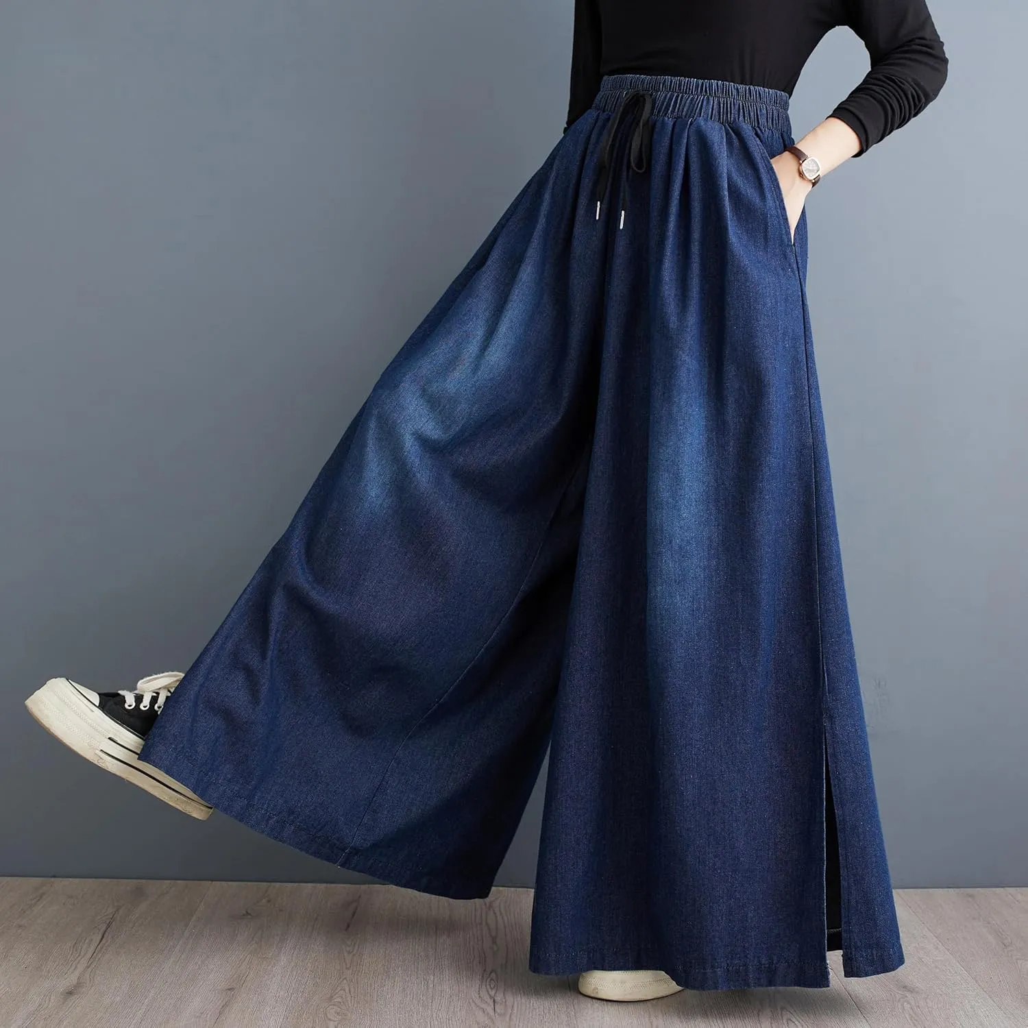 LAI MENG FIVE CATS Women's Casual Elastic Waisted Drawstring Trendy Side Slit Wide Leg Pants with Pockets