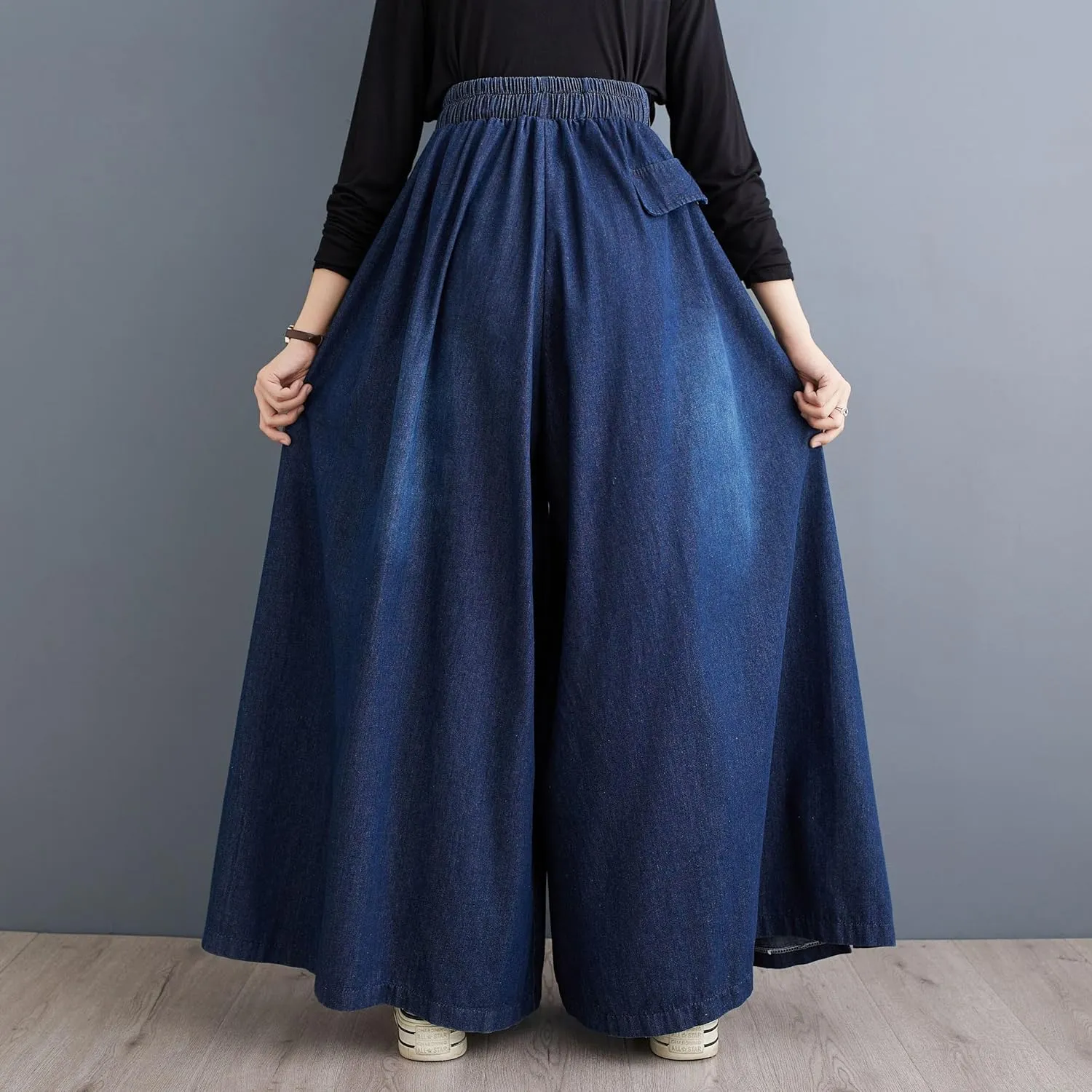LAI MENG FIVE CATS Women's Casual Elastic Waisted Drawstring Trendy Side Slit Wide Leg Pants with Pockets