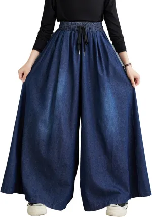 LAI MENG FIVE CATS Women's Casual Elastic Waisted Drawstring Trendy Side Slit Wide Leg Pants with Pockets