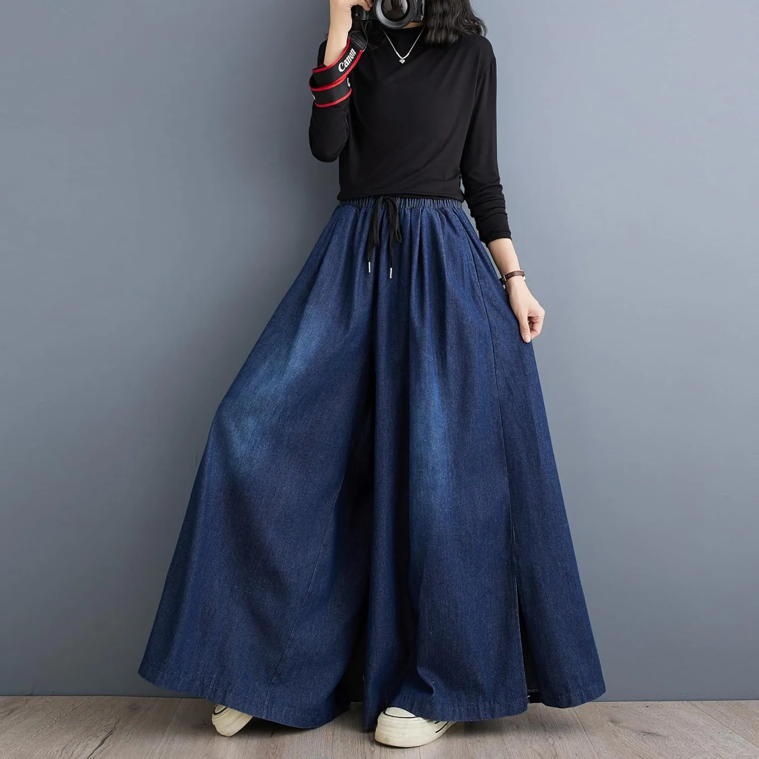 LAI MENG FIVE CATS Women's Casual Elastic Waisted Drawstring Trendy Side Slit Wide Leg Pants with Pockets