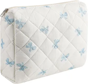 Large Quilted Cotton Makeup Bag Cosmetic Bag for Women, Cute Large Floral Cotton Travel Cosmetic Bag, Zipper Toiletry Bag Makeup Organizer Storage Bag (Blue Bow Tie)