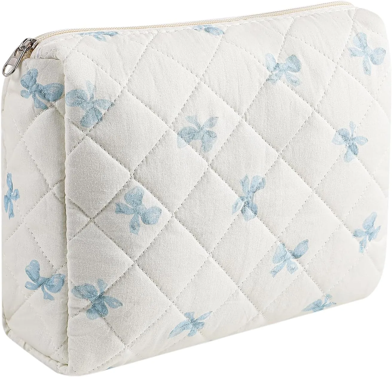 Large Quilted Cotton Makeup Bag Cosmetic Bag for Women, Cute Large Floral Cotton Travel Cosmetic Bag, Zipper Toiletry Bag Makeup Organizer Storage Bag (Blue Bow Tie)