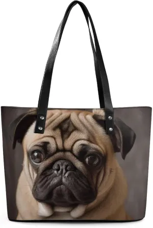 Leather Tote Bag Crossbody Bags for Women Fashion Top Handle Handbag Animal Pug Dog Ladies Shoulder Bags Casual Beach Bag Gym Bages Ladies Purses for Shopping Work Travel
