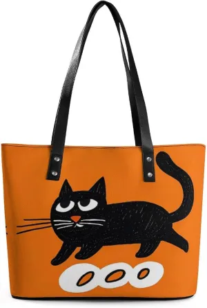 Leather Tote Bag Crossbody Bags for Women Fashion Top Handle Handbag Black Cat on Orange Background Ladies Shoulder Bags Casual Beach Bag Gym Bages Ladies Purses for Shopping Work Travel