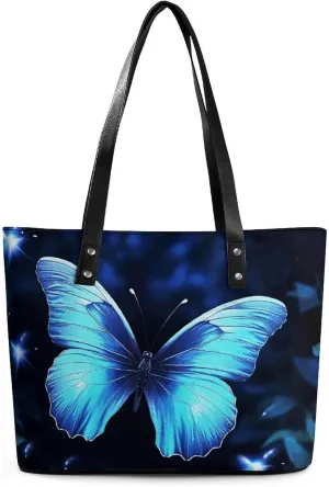 Leather Tote Bag Crossbody Bags for Women Fashion Top Handle Handbag Blue Butterfly Ladies Shoulder Bags Casual Beach Bag Gym Bages Ladies Purses for Shopping Work Travel