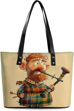 Leather Tote Bag Crossbody Bags for Women Fashion Top Handle Handbag Cartoon Scottish Bagpipe Ladies Shoulder Bags Casual Beach Bag Gym Bages Ladies Purses for Shopping Work Travel