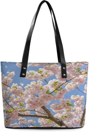 Leather Tote Bag Crossbody Bags for Women Fashion Top Handle Handbag Cherry Blossom Ladies Shoulder Bags Casual Beach Bag Gym Bages Ladies Purses for Shopping Work Travel