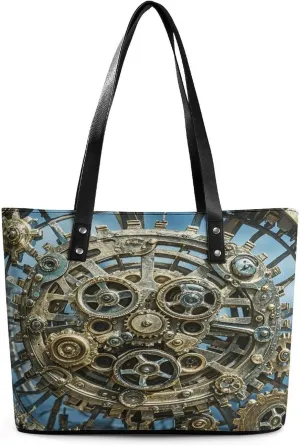 Leather Tote Bag Crossbody Bags for Women Fashion Top Handle Handbag Cool Steampunk Gears Ladies Shoulder Bags Casual Beach Bag Gym Bages Ladies Purses for Shopping Work Travel
