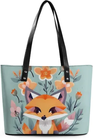 Leather Tote Bag Crossbody Bags for Women Fashion Top Handle Handbag Cute Animal Fox Flowers Ladies Shoulder Bags Casual Beach Bag Gym Bages Ladies Purses for Shopping Work Travel