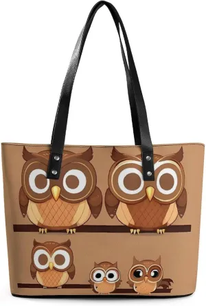 Leather Tote Bag Crossbody Bags for Women Fashion Top Handle Handbag Cute Big Brown Cartoon Owls Ladies Shoulder Bags Casual Beach Bag Gym Bages Ladies Purses for Shopping Work Travel