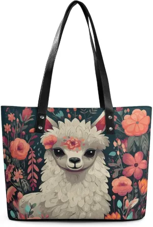 Leather Tote Bag Crossbody Bags for Women Fashion Top Handle Handbag Cute Llama Floral Ladies Shoulder Bags Casual Beach Bag Gym Bages Ladies Purses for Shopping Work Travel