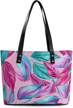 Leather Tote Bag Crossbody Bags for Women Fashion Top Handle Handbag Cyan Leaf Pattern Ladies Shoulder Bags Casual Beach Bag Gym Bages Ladies Purses for Shopping Work Travel