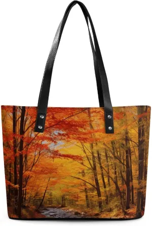 Leather Tote Bag Crossbody Bags for Women Fashion Top Handle Handbag Fall Foliage Ladies Shoulder Bags Casual Beach Bag Gym Bages Ladies Purses for Shopping Work Travel