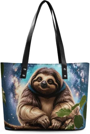 Leather Tote Bag Crossbody Bags for Women Fashion Top Handle Handbag Funny Animal Galaxy Sloth Ladies Shoulder Bags Casual Beach Bag Gym Bages Ladies Purses for Shopping Work Travel