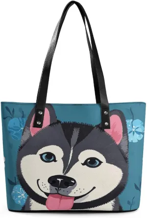 Leather Tote Bag Crossbody Bags for Women Fashion Top Handle Handbag Husky Dog Pattern Ladies Shoulder Bags Casual Beach Bag Gym Bages Ladies Purses for Shopping Work Travel