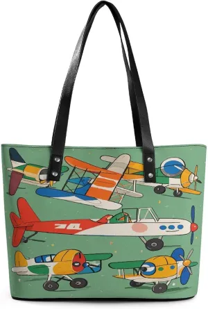 Leather Tote Bag Crossbody Bags for Women Fashion Top Handle Handbag Many Cartoon Small Airplanes Ladies Shoulder Bags Casual Beach Bag Gym Bages Ladies Purses for Shopping Work Travel