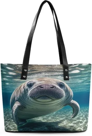 Leather Tote Bag Crossbody Bags for Women Fashion Top Handle Handbag Ocean Animal Manatee Ladies Shoulder Bags Casual Beach Bag Gym Bages Ladies Purses for Shopping Work Travel