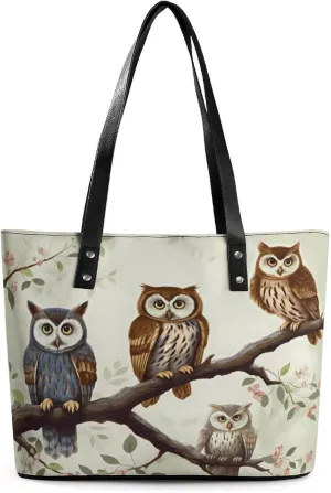 Leather Tote Bag Crossbody Bags for Women Fashion Top Handle Handbag Owls on A Branch Ladies Shoulder Bags Casual Beach Bag Gym Bages Ladies Purses for Shopping Work Travel