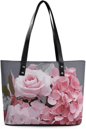 Leather Tote Bag Crossbody Bags for Women Fashion Top Handle Handbag Pink Rose Hydrangea Ladies Shoulder Bags Casual Beach Bag Gym Bages Ladies Purses for Shopping Work Travel