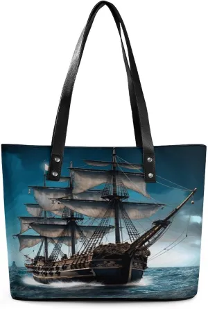 Leather Tote Bag Crossbody Bags for Women Fashion Top Handle Handbag Pirate Ship Ladies Shoulder Bags Casual Beach Bag Gym Bages Ladies Purses for Shopping Work Travel