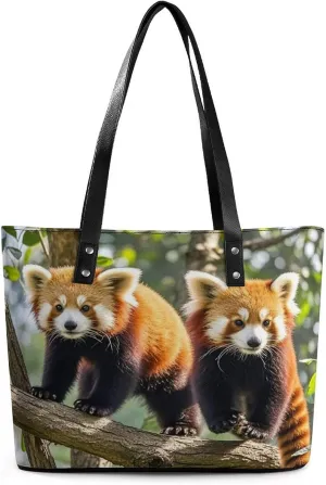Leather Tote Bag Crossbody Bags for Women Fashion Top Handle Handbag Red Pandas Ladies Shoulder Bags Casual Beach Bag Gym Bages Ladies Purses for Shopping Work Travel