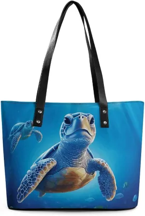 Leather Tote Bag Crossbody Bags for Women Fashion Top Handle Handbag Turtle in Blue Water Ladies Shoulder Bags Casual Beach Bag Gym Bages Ladies Purses for Shopping Work Travel
