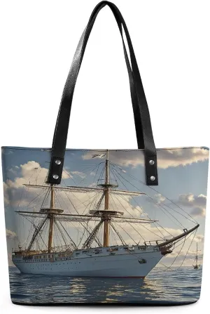 Leather Tote Bag Crossbody Bags for Women Fashion Top Handle Handbag Vintage Nautical White Ship Ladies Shoulder Bags Casual Beach Bag Gym Bages Ladies Purses for Shopping Work Travel